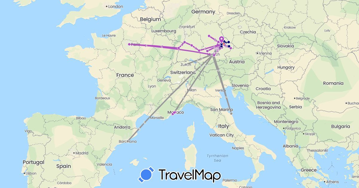 TravelMap itinerary: driving, plane, train, hiking in Switzerland, Germany, Spain, France, Italy, Monaco (Europe)
